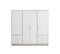 Forte Jupiter 200 210 Armoire à Portes battantes 4 Portes avec 6 tiroirs et étagères Blanc avec décor en Bois de chêne Sable 206,5 x 60 x 200 cm