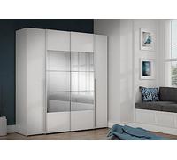 Armoire NARAGO - Décor Blanc mat - 2 portes coulissantes + miroir + 2 portes battantes + 2 penderies - L200 x P61 x H210 cm