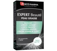 Forté Phama - Expert Beauté Peau Grasse - Complement alimentaire peau sensible, terne - Acide hyaluronique, Collagene marin, Vitamine B3 (Niacine), Vitamine E, Zinc - 30 comprimés, 1/jour