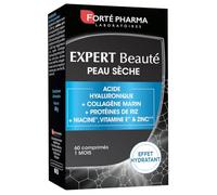 Forté Phama - Expert Beauté Peau Sèche - Complement alimentaire peau sensible, terne - Acide hyaluronique, Collagene marin, Vitamine B3 (Niacine), Vitamine E, Zinc - 60 comprimés, 2/jour