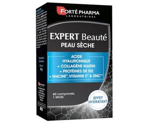 Forté Phama - Expert Beauté Peau Sèche - Complement alimentaire peau sensible, terne - Acide hyaluronique, Collagene marin, Vitamine B3 (Niacine), Vitamine E, Zinc - 60 comprimés, 2/jour