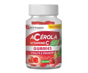 Forté Pharma Acérola Gummies Vitamine C naturelle 60 gommes | Complement alimentaire fatigue et défenses immunitaires adultes et enfants dès 3 ans, goût Fruits rouges, programme 30 jours