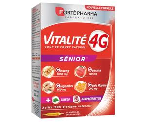 Forté Pharma - Vitalité 4G Sénior - Ginseng, Gingembre, Guarana, Gelée Royale, Harpagophytum - Complément Alimentaire Senior - Résistance physique, Anti fatigue et stress - 20 ampoules, 1/jour