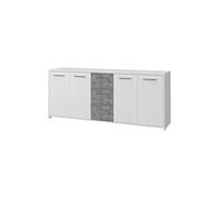 Buffet bas - Panneaux de particules - Blanc et décor gris béton - 4 portes + 3 tiroirs - L 179 x P 42 x H 74,5 cm