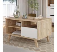 Möbelvertrieb FORTE Table basse VANNKA 90 – compartiments ouverts, tiroir – chêne planché/blanc