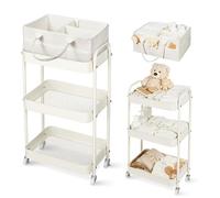 Fortella Desserte à Roulettes avec Panier Rangement Bébé, Chariot de Rangement 3 Niveaux, Sac a Langer Bebe Portable, rangement Table a Langer Bebe, Organisateur Cuisine Chambre, Salle de Bain (Beige)