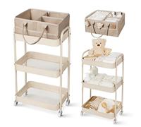 Fortella Desserte à Roulettes avec Panier Rangement Bébé, Chariot de Rangement 3 Niveaux, Sac a Langer Bebe Portable, Rangement Table a Langer Bebe, Organisateur Cuisine Chambre, Salle de Bain(Marron)