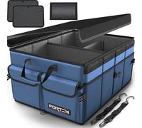 FORTEM Organiseur de coffre de voiture, pliable, plusieurs compartiments, rangement pliable pour accessoires de voiture, fond antidérapant, sangles de sécurité, couvercle souple, 50 L (Bleu, Standard)