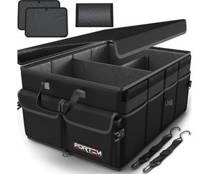 FORTEM Organiseur de coffre de voiture, pliable, plusieurs compartiments, rangement pliable pour accessoires de voiture, fond antidérapant, sangles de sécurité, couvercle souple, 50 L (Noir, Standard)