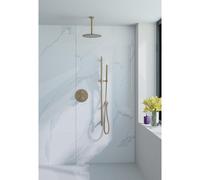 Fortifura Calvi Ensemble de douche à l'italienne - rond - thermostatique - bras mural - glijstang - douche principale de 25 cm - douchette à main - flexible lisse - Laiton brossé PVD (Or) SW728176/SW7