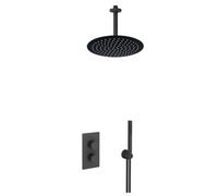 Fortifura Calvi Ensemble de douche pluie encastrable - thermostatique - bras plafond - pommeau 25cm - douchette stick - flexible en métal - Noir mat SW721167 SW377853 SW720553 SW542644 SW706203 SW496