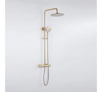 Fortifura Calvi Ensemble de douche pluie - thermostatique - pomme de douche 30cm - flexible métallique - douchette ronde - Laiton brossé PVD (Or) SW1159501 SW1139122 SW799449 SW728176