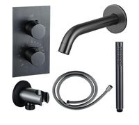 Fortifura Calvi Ensemble de robinet de baignoire - bec - 22cm réductible - flexible en métal - douchette à main - partie encastrable - support mural - gunmetal PVD brossé SW766536/SW706207/SW721170/SW