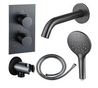 Fortifura Calvi Ensemble de robinet de baignoire - bec - 22cm réductible - flexible en métal - douchette ronde - partie encastrable - support mural - gunmetal PVD brossé SW766536/SW706207/SW721170/SW1