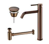 Fortifura Calvi Ensemble de robinet lavabo - rehaussé - bonde non-obturable - siphon bas design - Cuivre SW970032 / SW799403 / SW799405
