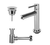Fortifura Calvi - Ensemble lave-main avec robinet bas à poser, bonde non obturable et siphon design chromé SW696234 / SW696209 / SW696219