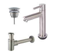 Fortifura Calvi - Ensemble lave-main avec robinet bas à poser, bonde non obturable et siphon design inox brossé pvd SW696237 / SW696207 / SW696217
