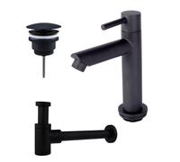 Fortifura Calvi - Ensemble lave-main avec robinet bas à poser, bonde non obturable et siphon design noir mat SW696235 / SW696205 / SW696215