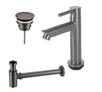 Fortifura Calvi - Ensemble lave-mains avec robinet bas à poser, bonde non obturable et siphon design en finition gunmetal brossé PVD SW696239 / SW769487 / SW767295
