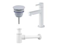 Fortifura Calvi Ensemble robinet de lave-mains - robinet de lave-mains sur pied bas - bonde always open - siphon design - blanc mat SW696206 / SW696216 / SW1210972