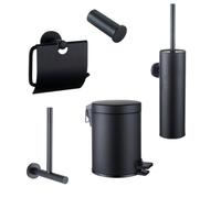 Fortifura Calvi Ensemble WC 5 pièces - porte-rouleau de papier toilette - porte-rouleau de réserve - porte-balai de toilette - patère pour serviette - poubelle à pédale - noir mat SW1183143/SW1441926/