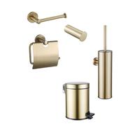 Fortifura Calvi Ensemble WC 5 pièces - porte-rouleau - porte-rouleau de réserve - porte-brosse WC - crochet porte-serviette - poubelle à pédale - Laiton brossé PVD SW1183146/SW639941/SW1111543/SW12115