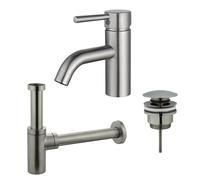 Fortifura Calvi Kit mitigeur lavabo - robinet bas - bonde clic clac - siphon design - PVD Inox brossé SW377856/SW696201/SW696212