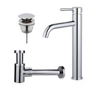 Fortifura Calvi Kit mitigeur lavabo - robinet rehaussé - bonde clic clac - siphon design bas - Chrome brillant SW377811/SW696203/SW696219