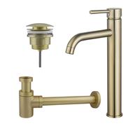Fortifura Calvi Kit mitigeur lavabo - robinet rehaussé - bonde clic clac - siphon design bas - PVD Laiton brossé SW720549/SW696202/SW696218