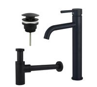 Fortifura Calvi Kit mitigeur lavabo - robinet rehaussé - bonde clic clac - siphon design - Noir mat SW377834/SW696199/SW696210