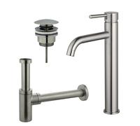 Fortifura Calvi Kit mitigeur lavabo - robinet rehaussé - bonde clic clac - siphon design - PVD Inox brossé SW377857/SW696201/SW696212