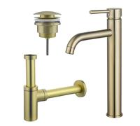 Fortifura Calvi Kit mitigeur lavabo - robinet rehaussé - bonde clic clac - siphon design - PVD Laiton brossé SW720549/SW696202/SW696213