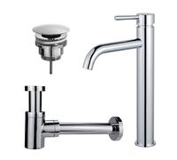 Fortifura Calvi Kit mitigeur lavabo - robinet rehaussé - bonde non-obturable - siphon design bas - Chrome brillant SW377811/SW696209/SW696219