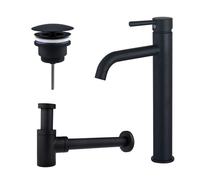 Fortifura Calvi Kit mitigeur lavabo - robinet rehaussé - bonde non-obturable - siphon design bas - Noir mat SW377834/SW696205/SW696215