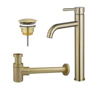 Fortifura Calvi Kit mitigeur lavabo - robinet rehaussé - bonde non-obturable - siphon design bas - PVD Laiton brossé SW720549/SW696208/SW696218