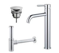 Fortifura Calvi Kit mitigeur lavabo - robinet rehaussé - bonde nonobturable - siphon design - Chrome brillant SW377811/SW696209/SW696214