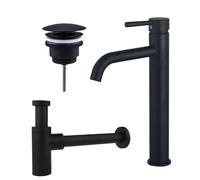 Fortifura Calvi Kit mitigeur lavabo - robinet rehaussé - bonde nonobturable - siphon design - Noir mat SW377834/SW696205/SW696210