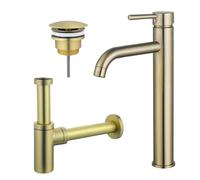 Fortifura Calvi Kit mitigeur lavabo - robinet rehaussé - bonde nonobturable - siphon design - PVD Laiton brossé SW720549/SW696208/SW696213