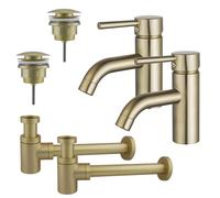 Fortifura Calvi Kit robinet lavabo - pour double vasque - robinet bas - bonde clic clac - siphon design bas - Laiton brossé PVD 2x SW720547/2x SW696202/2x SW696218