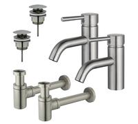 Fortifura Calvi Kit robinet lavabo - pour double vasque - robinet bas - bonde clic clac - siphon design bas - Inox brossé PVD 2x SW377856/2x SW696201/2x SW696217