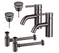 Fortifura Calvi Kit robinet lavabo - pour double vasque - robinet bas - bonde clic clac - siphon design bas - Gunmetal PVD 2x SW766540/2x SW767288/2x SW767295