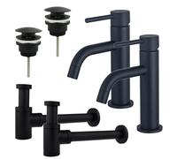 Fortifura Calvi Kit robinet lavabo - pour double vasque - robinet bas - bonde clic clac - siphon design bas - Noir mat 2x SW377835/2x SW696199/2x SW696215