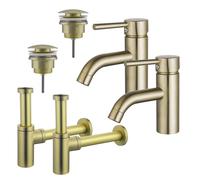 Fortifura Calvi Kit robinet lavabo - pour double vasque - robinet bas - bonde clic clac - siphon design - Laiton brossé PVD 2x SW720547/2x SW696202/2x SW696213