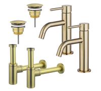Fortifura Calvi Kit robinet lavabo - pour double vasque - robinet bas - bonde non-obturable - siphon design - Laiton brossé PVD 2x SW720545/2x SW696208/2x SW696213