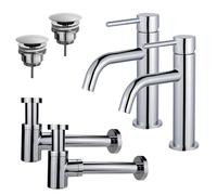 Fortifura Calvi Kit robinet lavabo - pour double vasque - robinet bas - bonde non-obturable - siphon design bas - Chrome brillant 2x SW377812/2x SW696209/2x SW696219