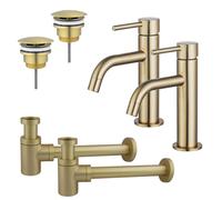 Fortifura Calvi Kit robinet lavabo - pour double vasque - robinet bas - bonde non-obturable - siphon design bas - Laiton brossé PVD 2x SW720545/2x SW696208/2x SW696218