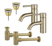 Fortifura Calvi Kit robinet lavabo - pour double vasque - robinet bas - bonde non-obturable - siphon design bas - Laiton brossé PVD 2x SW720547/2x SW696208/2x SW696218