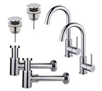 Fortifura Calvi Kit robinet lavabo - pour double vasque - robinet haut - bec rotatif - bonde clic clac - siphon design bas - Chrome brillant 2x SW809346/2x SW696203/2x SW696219
