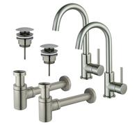 Fortifura Calvi Kit robinet lavabo - pour double vasque - robinet haut - bec rotatif - bonde clic clac - siphon design bas - Inox brossé PVD 2x SW809348/2x SW696201/2x SW696217