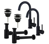 Fortifura Calvi Kit robinet lavabo - pour double vasque - robinet haut - bec rotatif - bonde clic clac - siphon design bas - Noir mat 2x SW809347/2x SW696199/2x SW696215